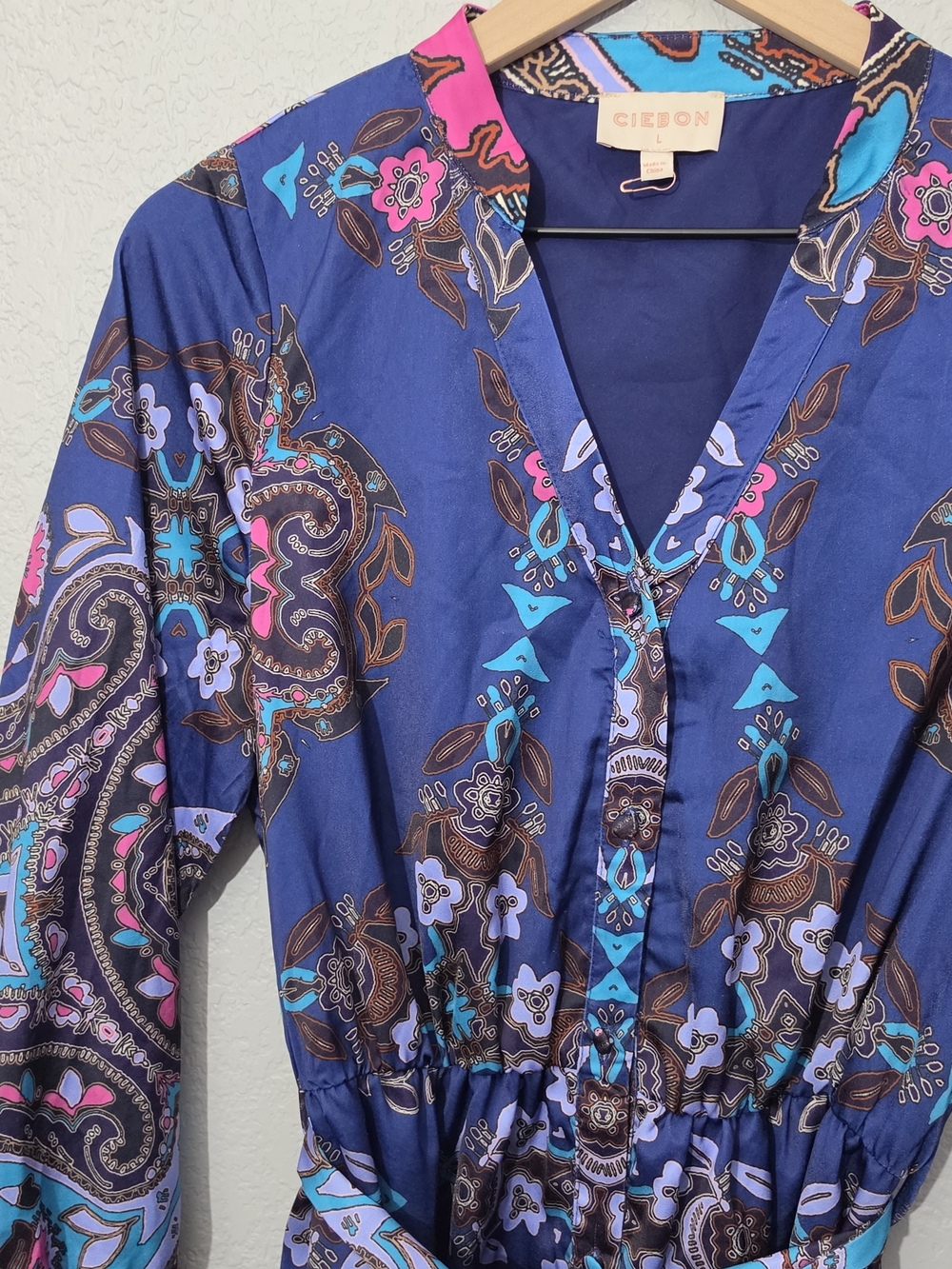 Ciebon Nora Print Long Sleeve Maxi Shirt Dress Navy Button Down Women Large - Picture 3 of 13